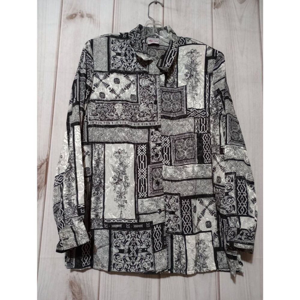 Tanjay Shirt Ladies 10 Black White Button Front Long Sleeve Vintage Light Weight